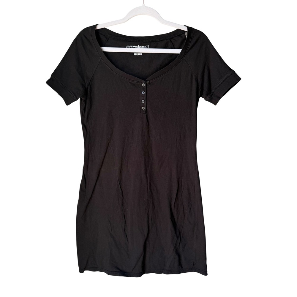 Norma Kamali 100% Organic Cotton Black T-Shirt Dress Casual Buttons Size Medium